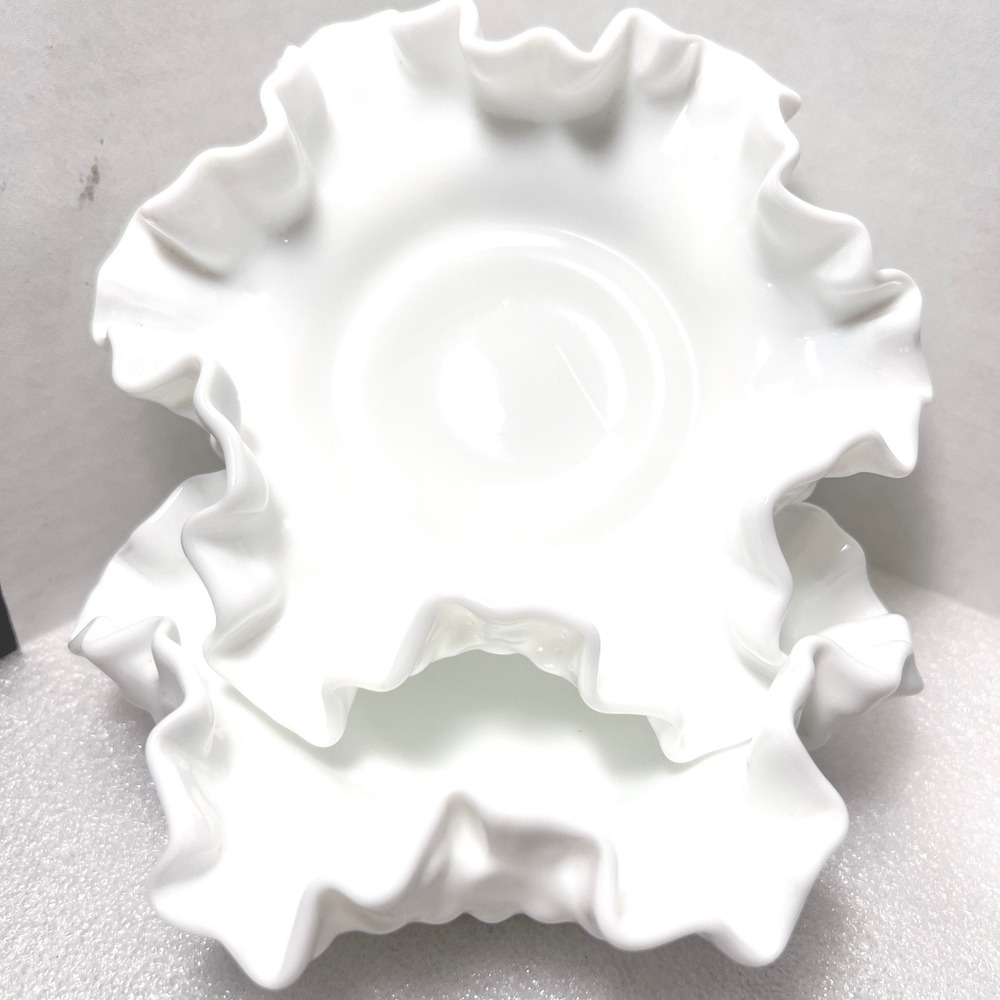 Vtg Sm Fenton White Milk Glass Dishes Two Ruffled Hobnail Bowl Candy Candle 5"